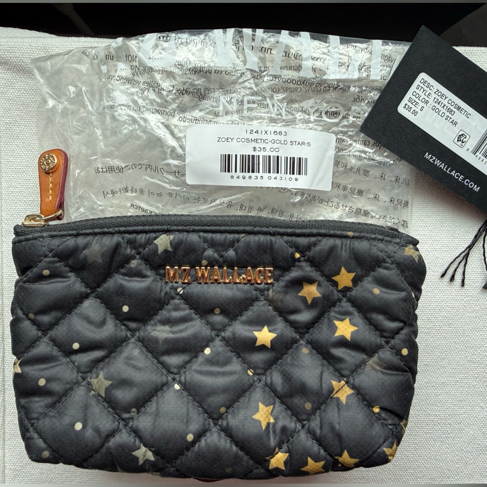 MZ Wallace Black Quilted Zoey Cosmetic Pouch Gold Stars